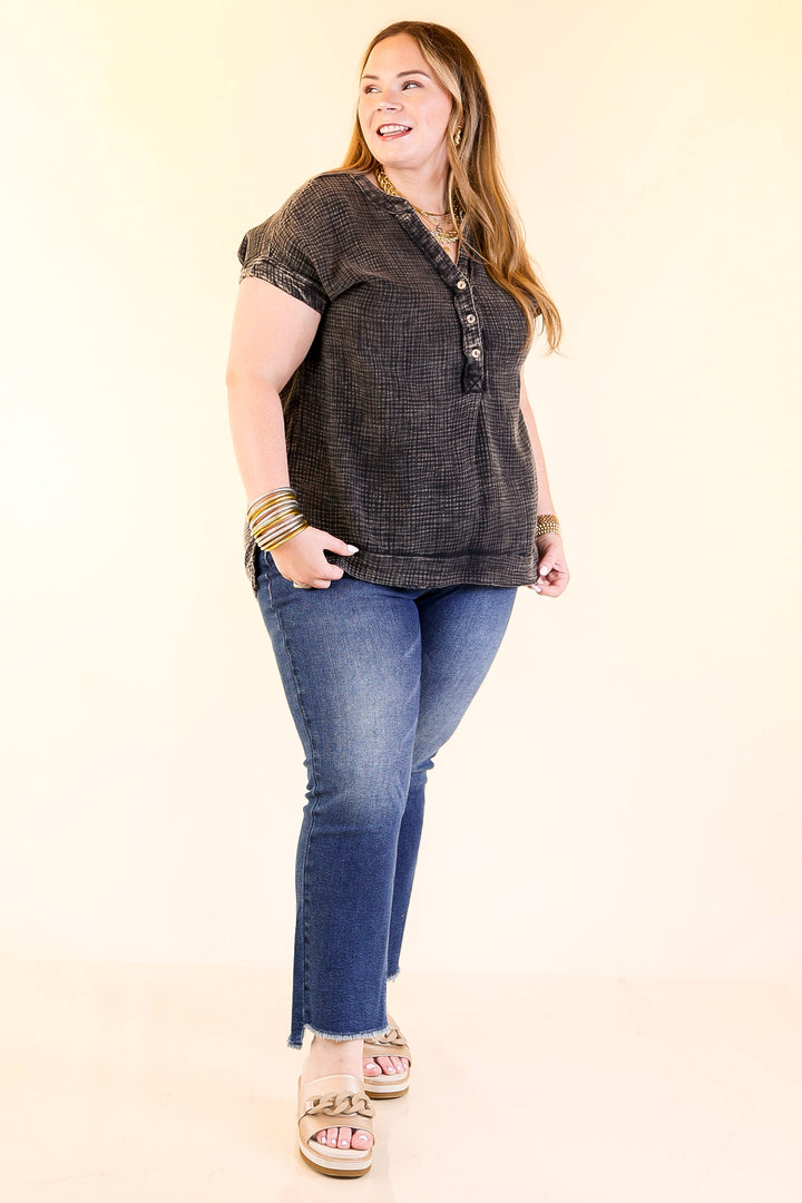 Simple Statement Quarter Button Up Short Drop Sleeve Shirt in Black