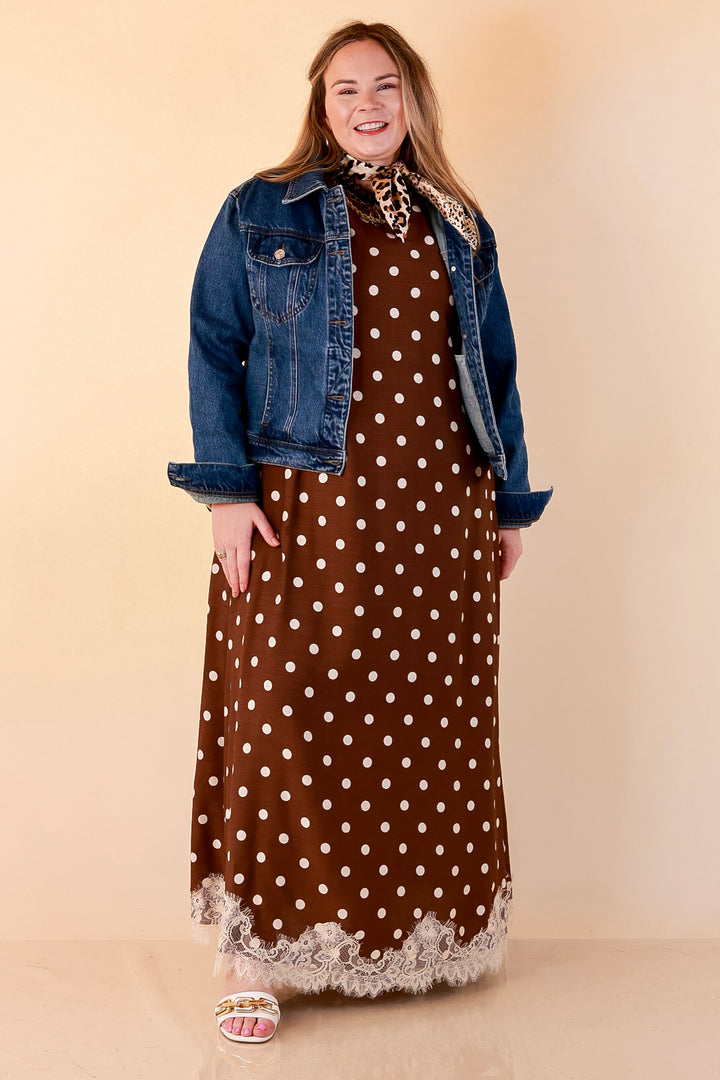 Sweet Little Something Polka Dot Sleeveless Maxi Dress with Lace Trim in Chocolate Brown
