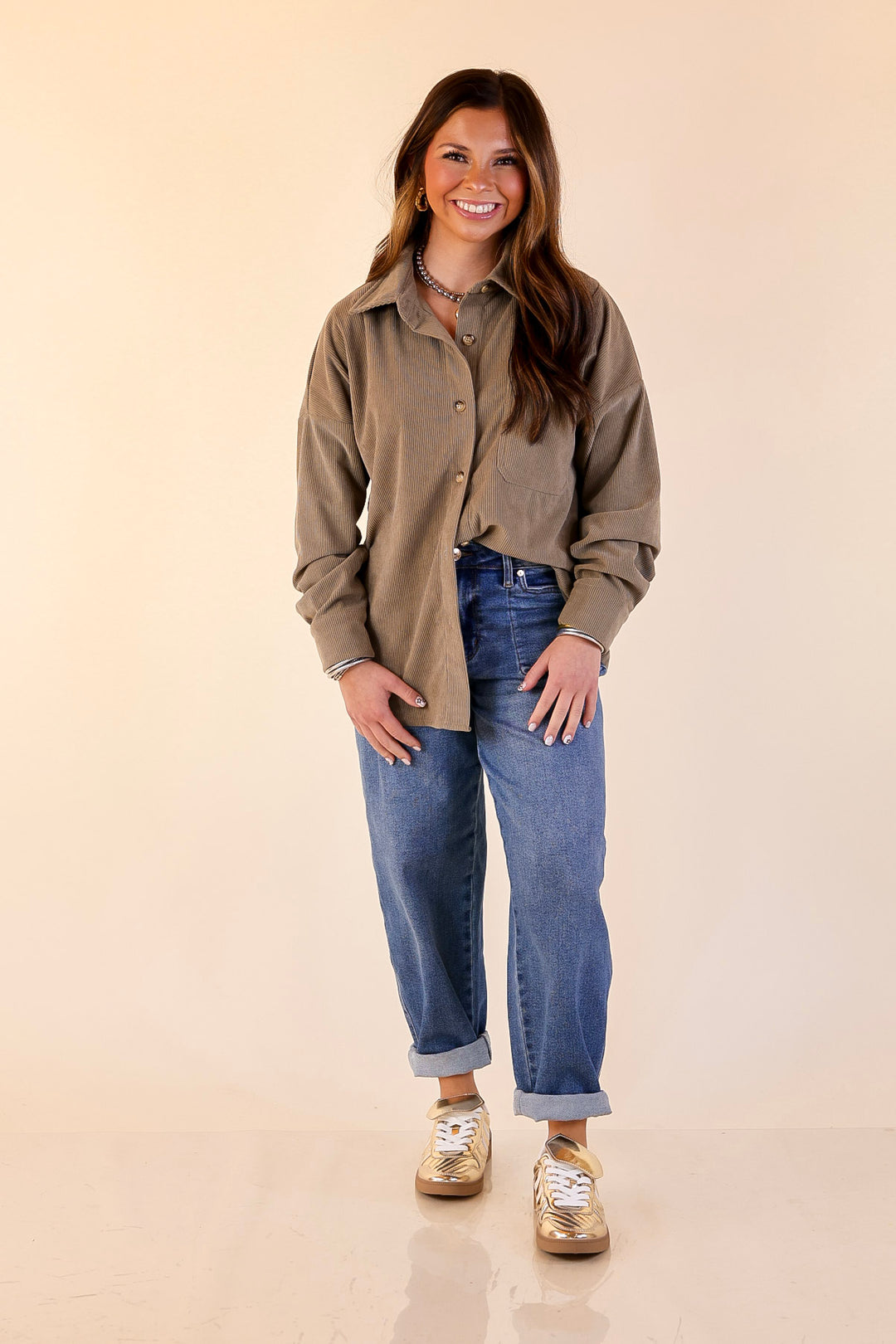 Captivating Cuteness Corduroy Button Up Shacket in Olive Green