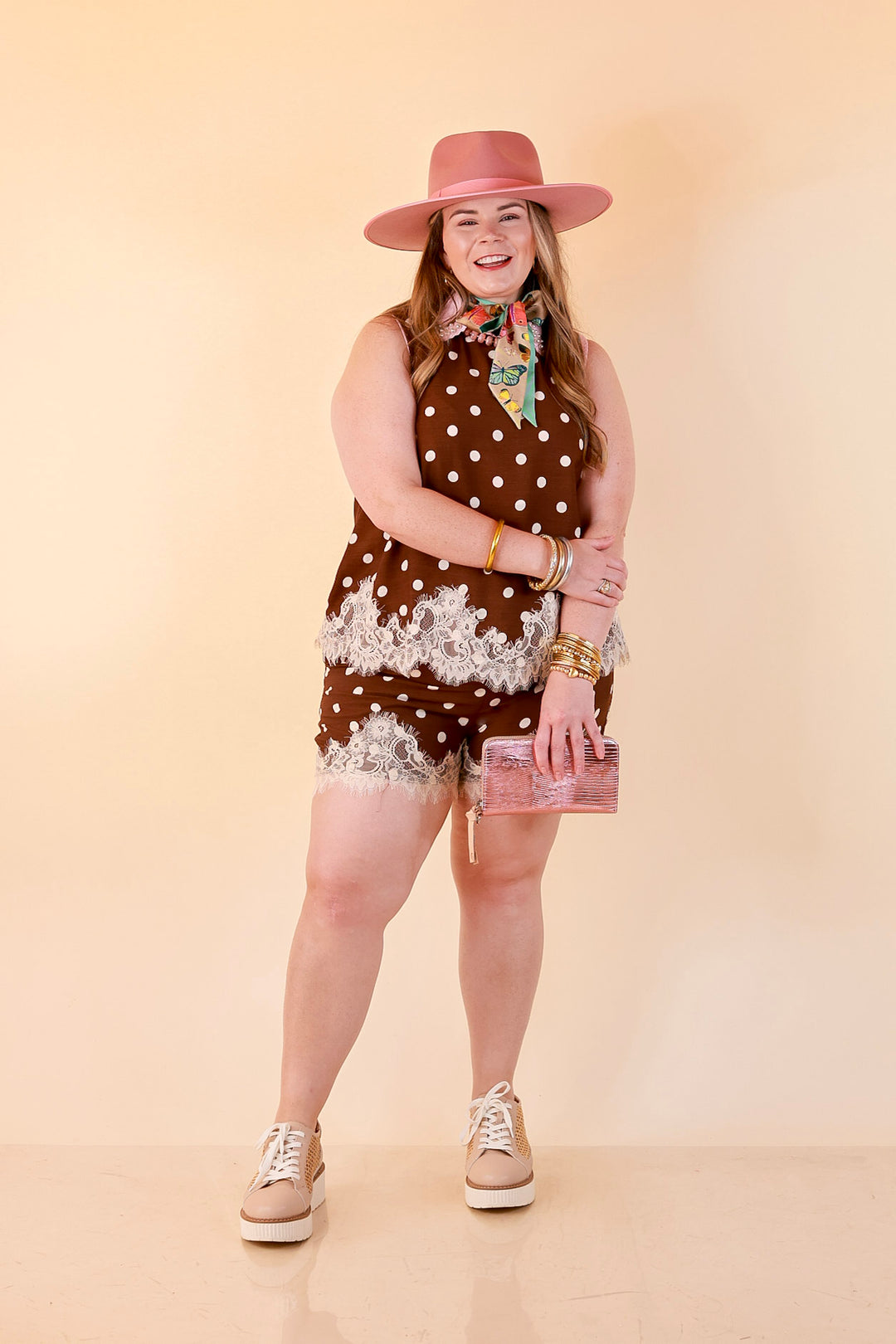 Pretty Little Something Polka Dot Drawstring Shorts with Lace Trim in Chocolate Brown
