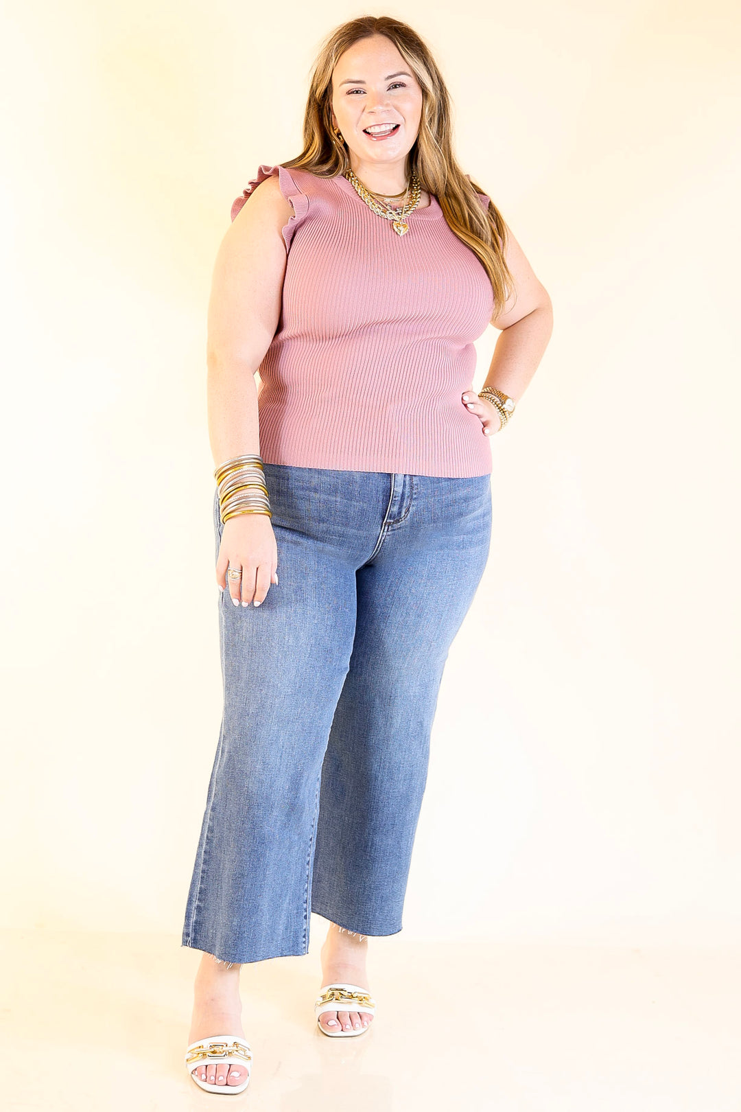 Flirty Frill Scoop Neck Top with Ruffle Sleeves in Mauve Pink