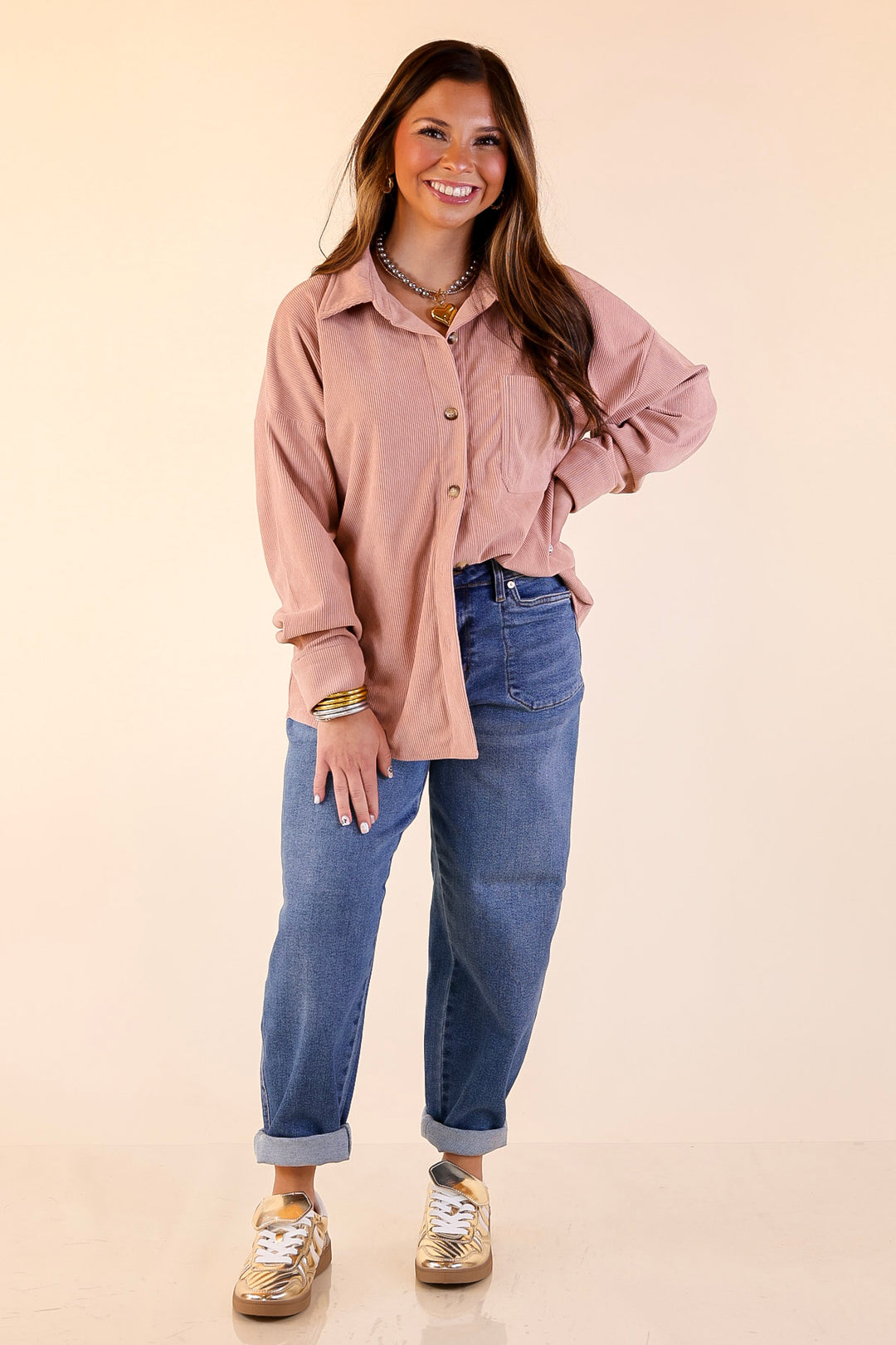 Captivating Cuteness Corduroy Button Up Shacket in Mauve Pink