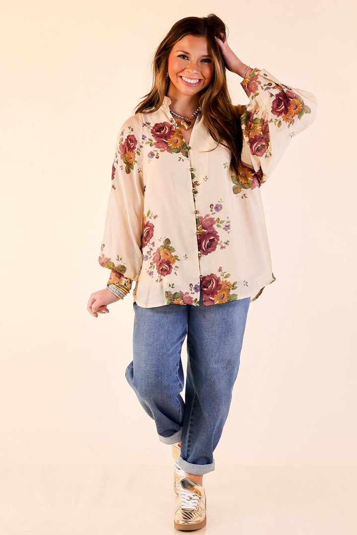 Garden Stroll Floral Long Sleeve Button Down Top in Cream