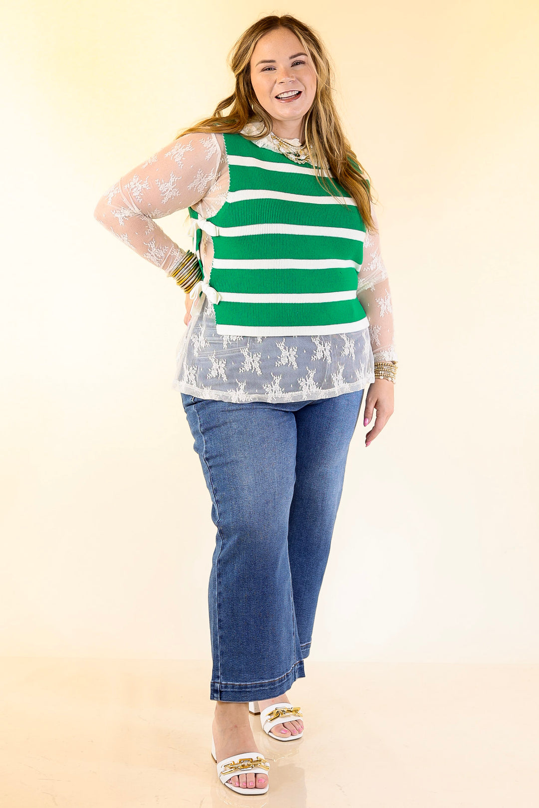 Tied Up in Style Knit Sweater with Side Ties in Kelly Green with Off White Stripes