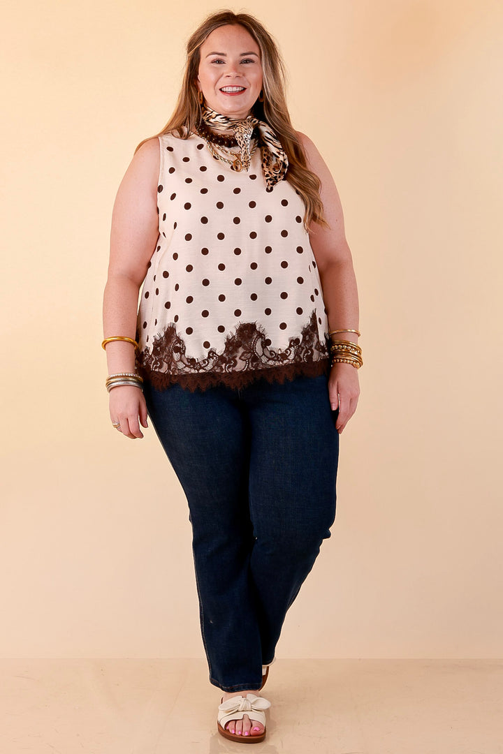Pretty Little Something Polka Dot Sleeveless Tank Top with Lace Trim Detailing in Ivory