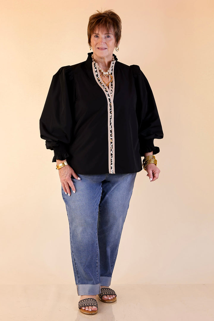Trimmed in Style Puff Long Sleeve Blouse with Contrast Leopard Trim and Ruffle in Black