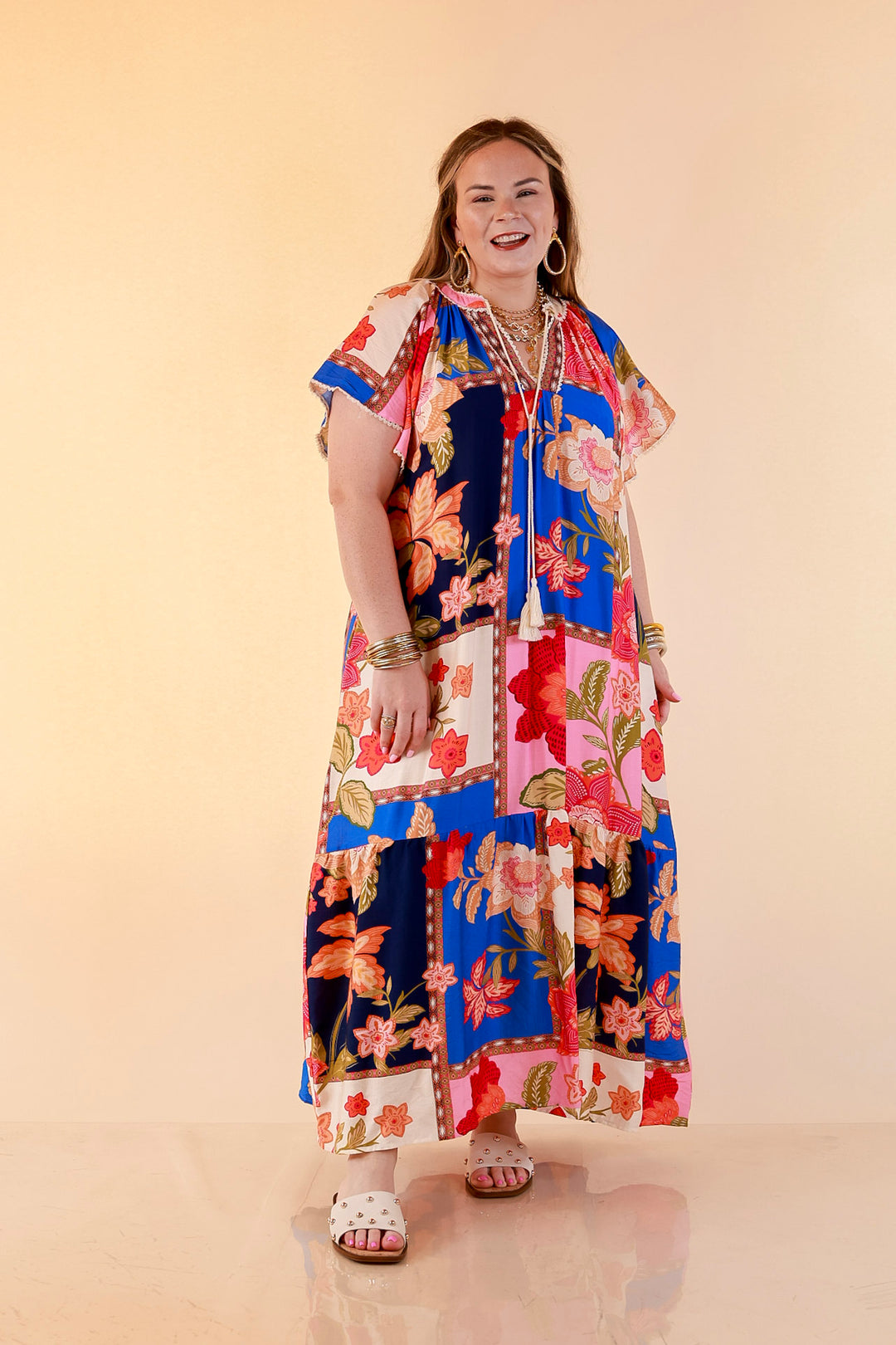 Patchwork Poise Floral Patchwork Print Midi Dress with Tassel Tie Neckline and Flutter Sleeves in Blue Mix