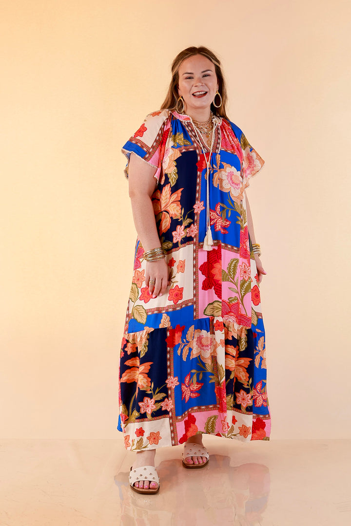Patchwork Poise Floral Patchwork Print Midi Dress with Tassel Tie Neckline and Flutter Sleeves in Blue Mix