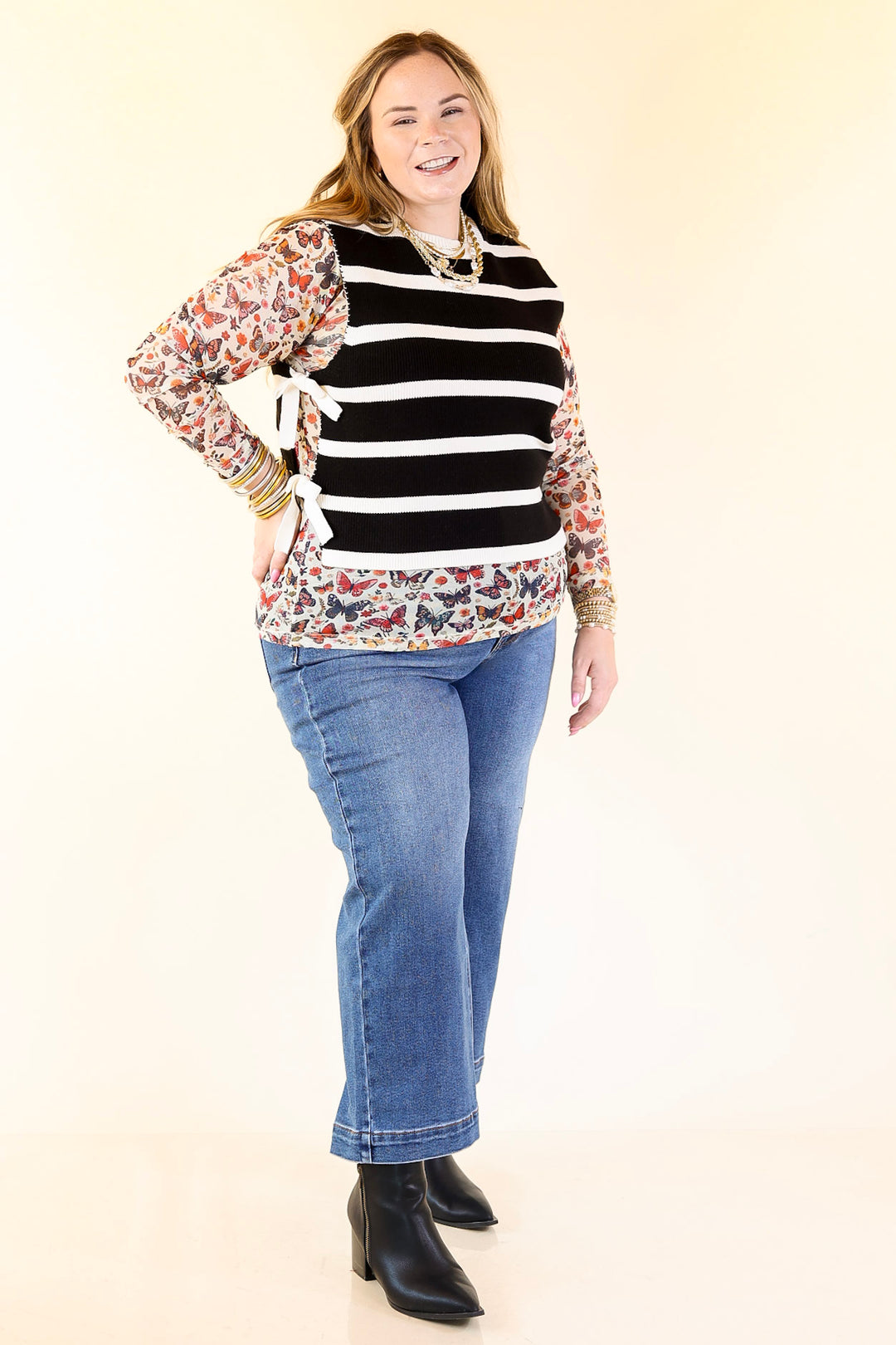 Tied Up in Style Knit Sweater with Side Ties in Black with Off White Stripes