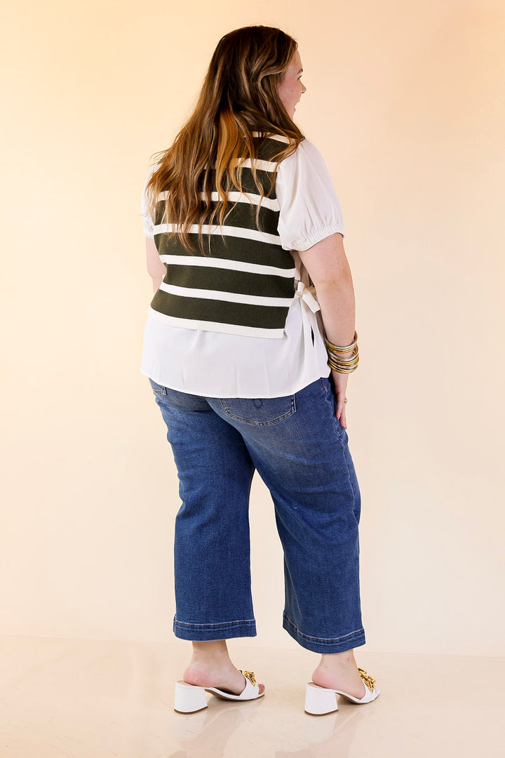 Tied Up in Style Knit Sweater with Side Ties in Olive Green with Off White Stripes
