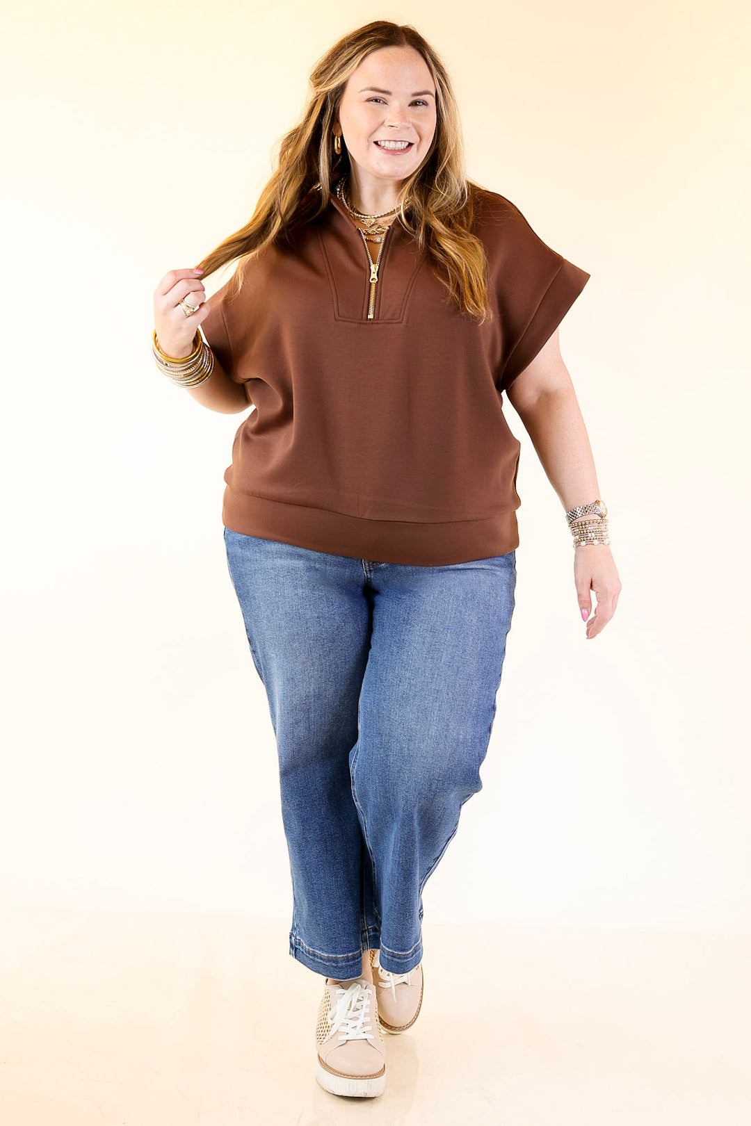 Top Priority Half Zip Collared Scuba Top in Chocolate Brown