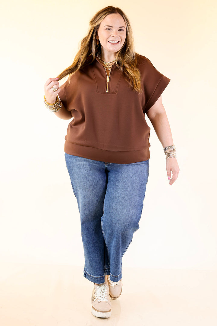 Top Priority Half Zip Collared Scuba Top in Chocolate Brown