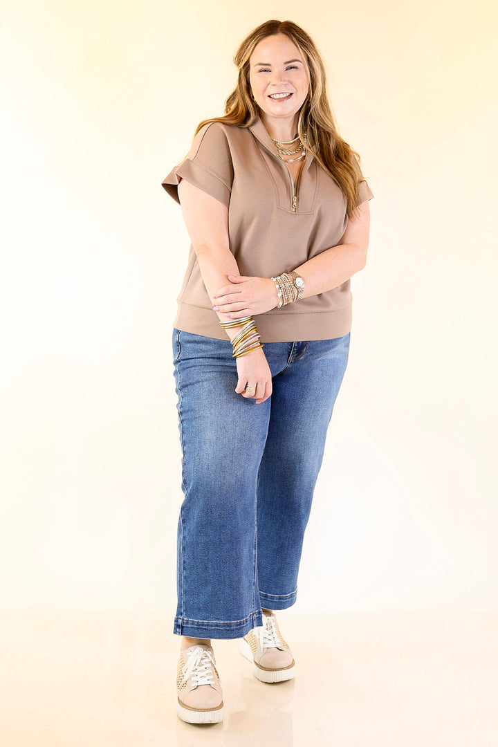 Top Priority Half Zip Collared Scuba Top in Light Taupe