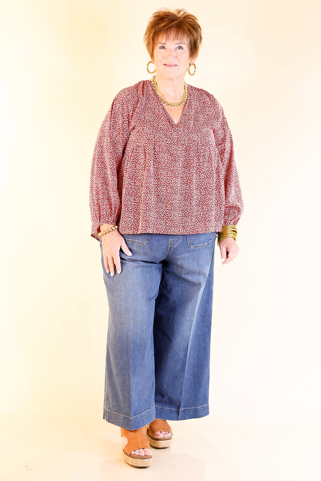 Really Dreamy Small Leopard Print Babydoll Top with Long Sleeves in Burgundy Red