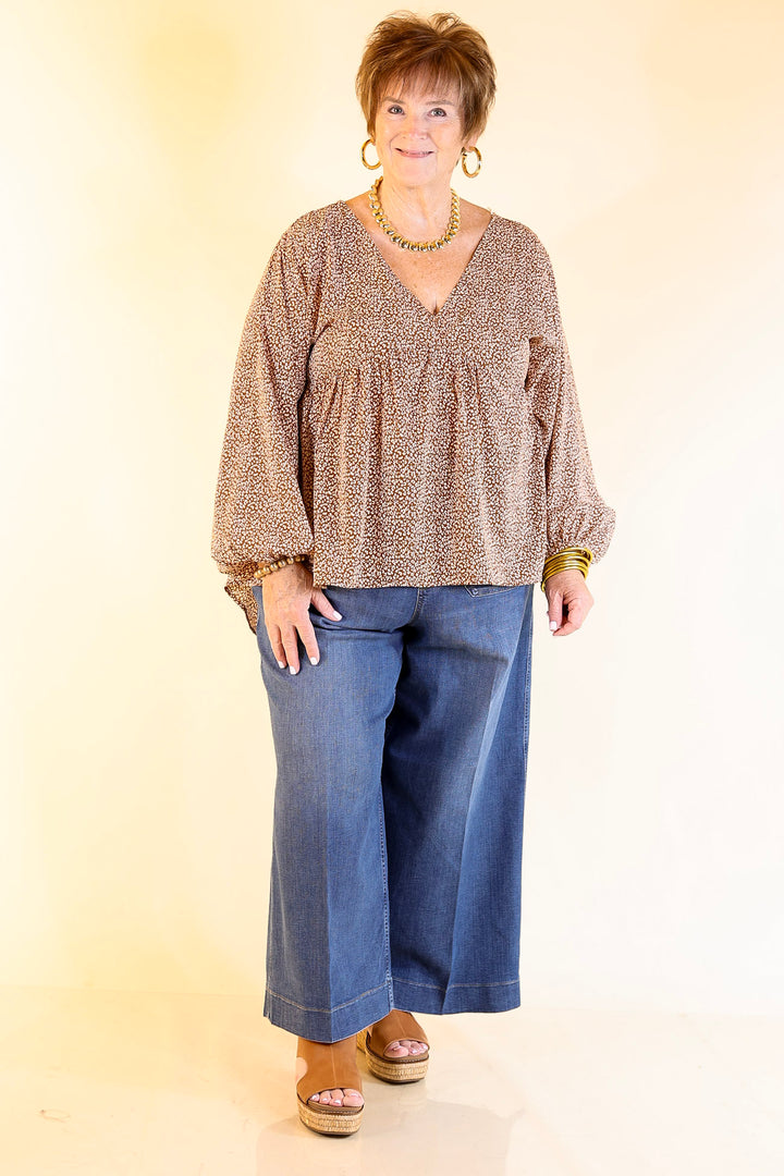 Really Dreamy Small Leopard Print Babydoll Top with Long Sleeves in Brown