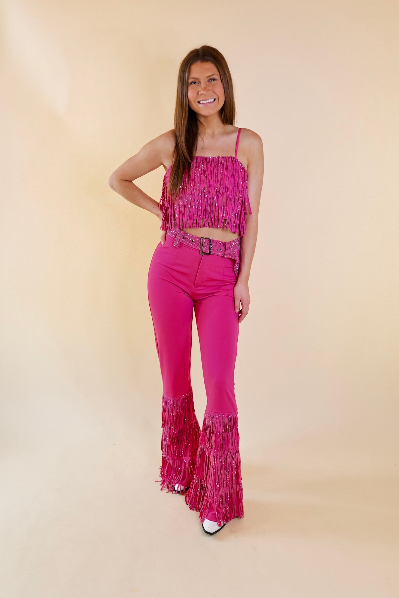 Cowboy Killer Crystal Fringe Crop Top in Pink - Giddy Up Glamour Boutique
