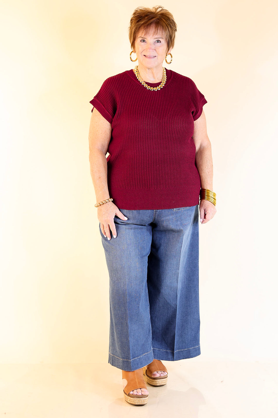 Style Refresh Drop Shoulder Short Sleeve Knit Sweater Top in Maroon