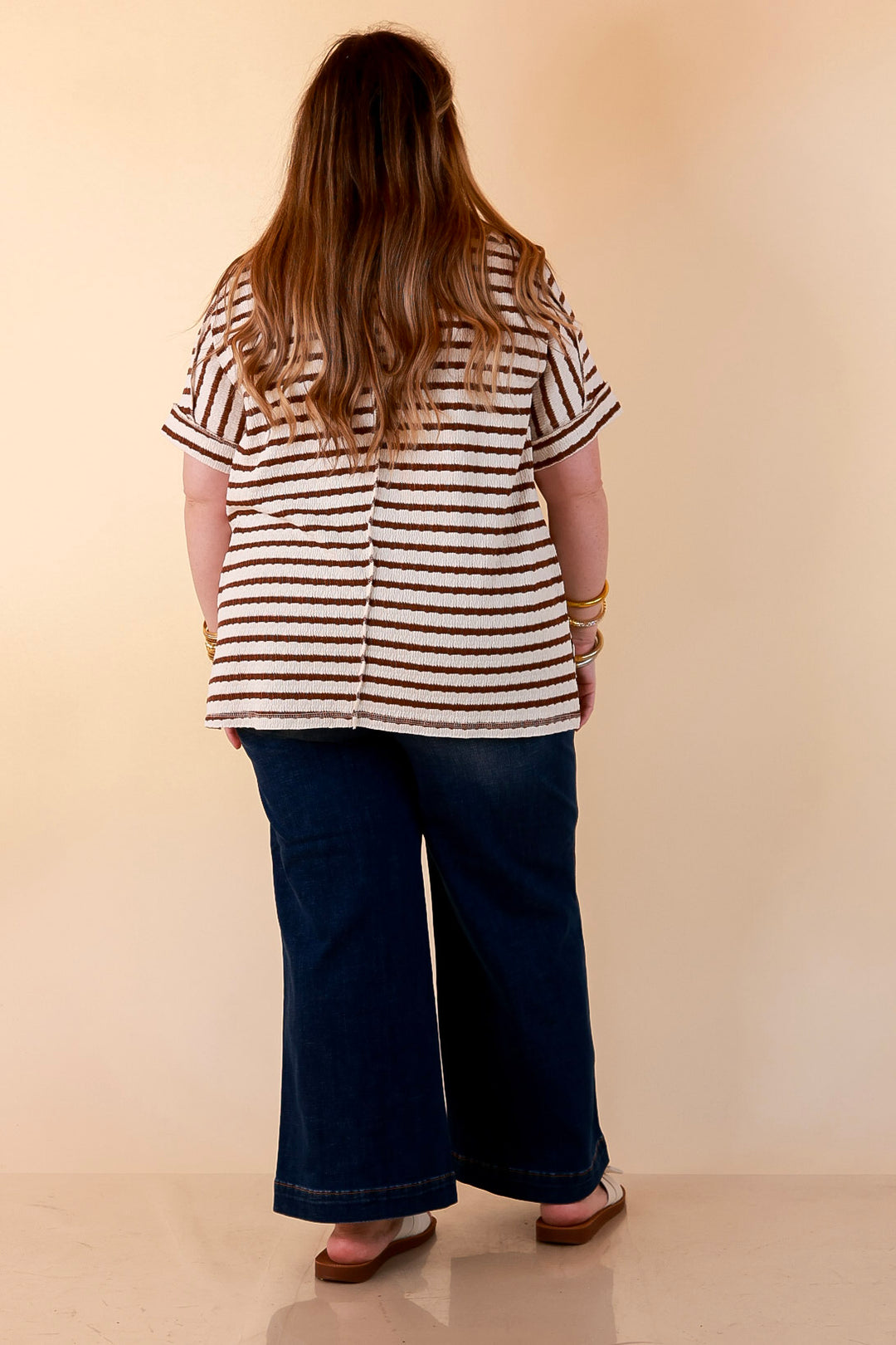 On The Daily Scoop Neck Short Sleeve Striped Textured Top in Chocolate Brown