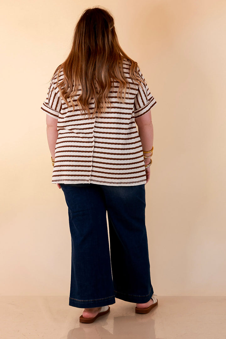 On The Daily Scoop Neck Short Sleeve Striped Textured Top in Chocolate Brown