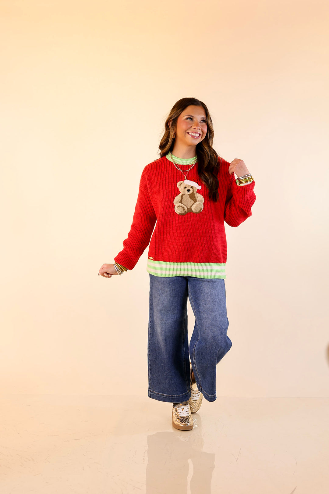 Simply Southern | Beary Merry Crewneck Sweater with Teddy Bear Graphic and Green Trim in Red