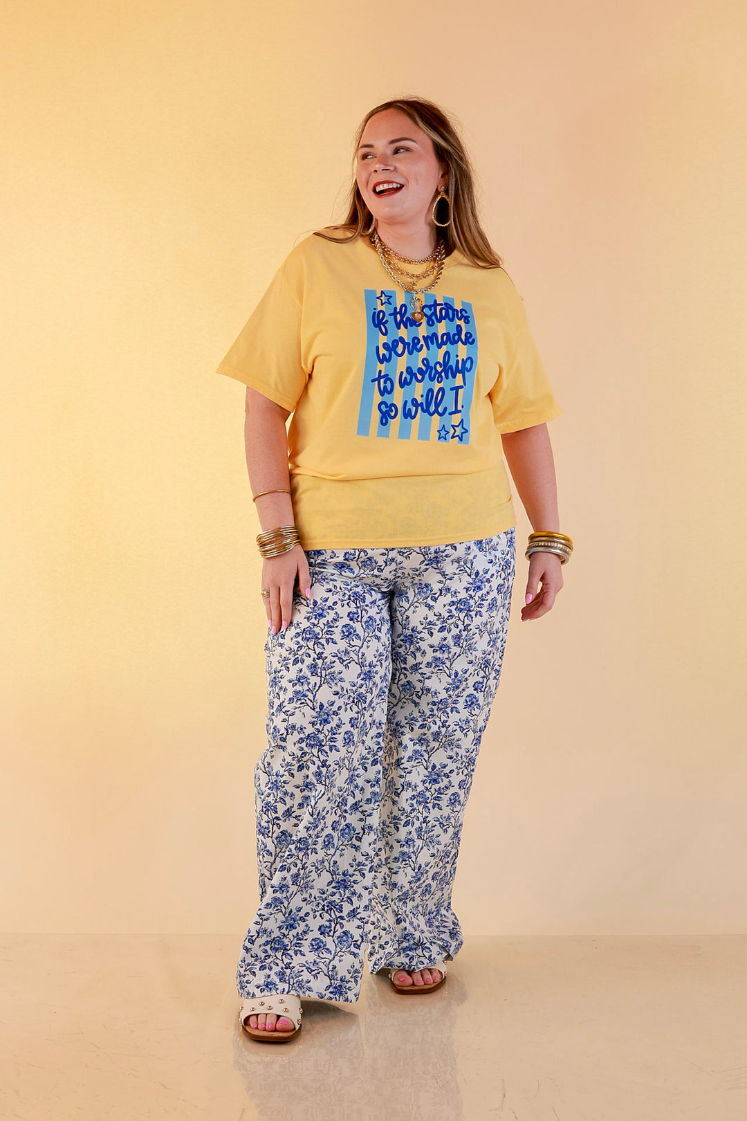 If The Stars Were Made to Worship So Will I Stripe Print Short Sleeve Graphic Tee in Butter Yellow