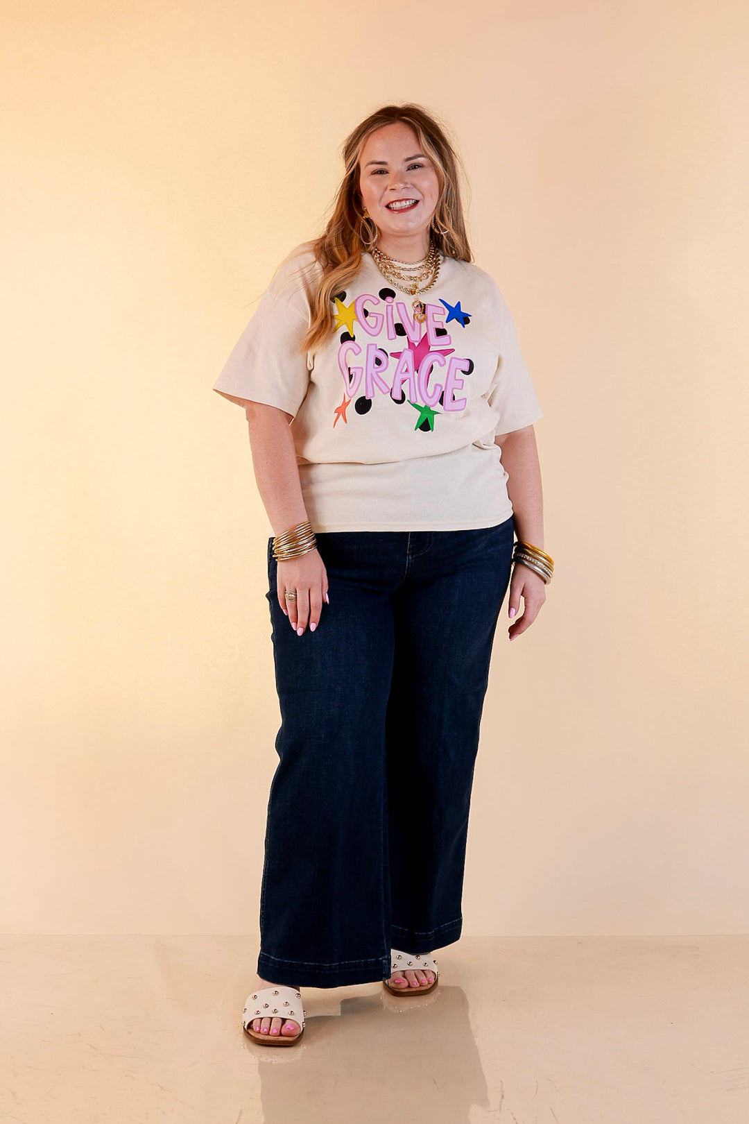 Grace Upon Grace "Give Grace" Distressed Polka Dot and Star Print Short Sleeve Graphic Tee in Natural