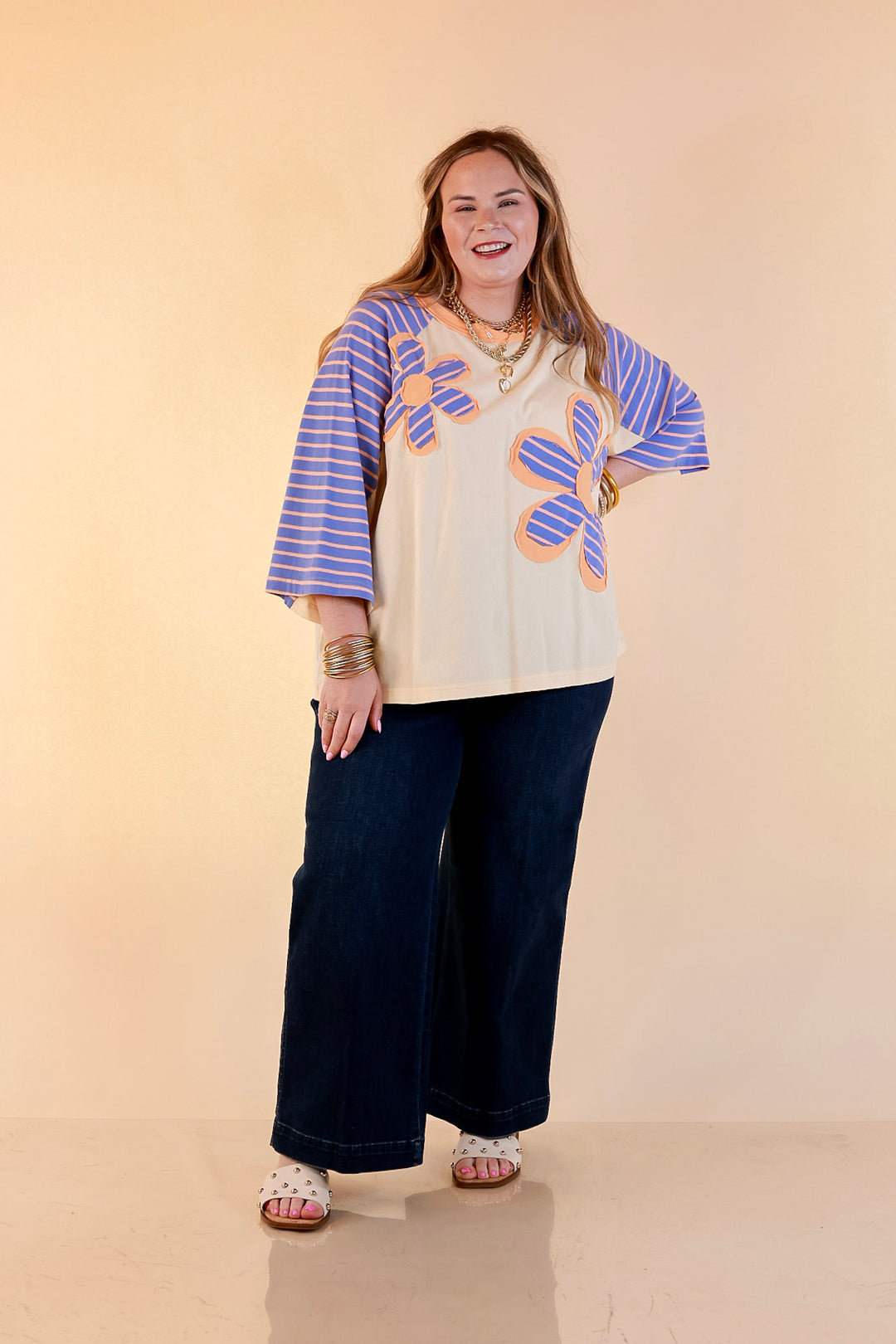 Bloom in Color Floral and Stripe Print Relaxed Short Sleeve Top with Contrast Sleeves in Cream