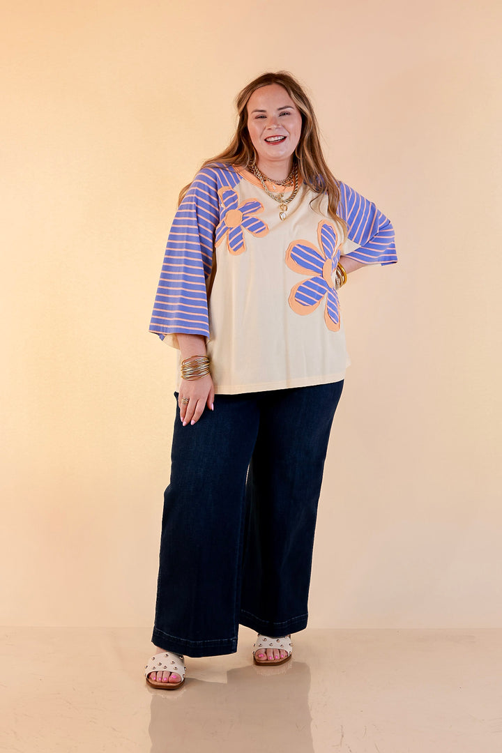 Bloom in Color Floral and Stripe Print Relaxed Short Sleeve Top with Contrast Sleeves in Cream