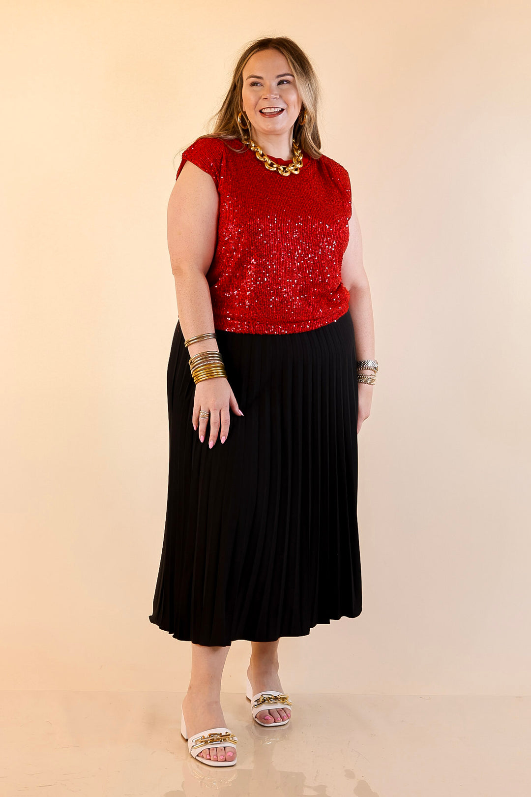 Sequin Sleek Sleeveless Dressy Sequin Top in Red