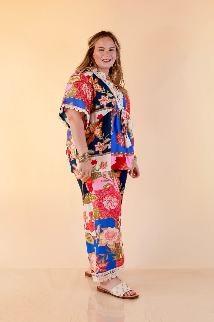 Patchwork Flair Floral Patchwork Print Wide Leg Pants with Lace Trim in Blue Mix