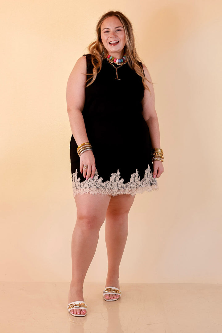 Just a Little Something Sleeveless Knit Mini Dress with Lace Trim in Black