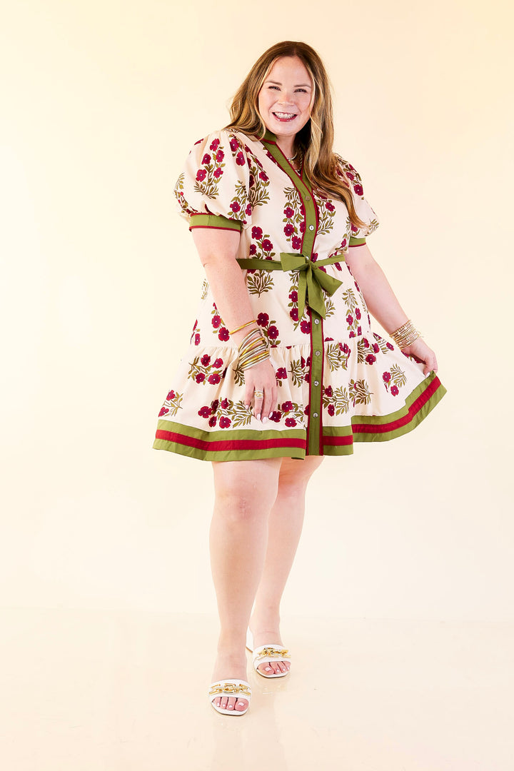 Garden Party Floral Dress with Dropped Skirt and Olive and Maroon Trim in Cream