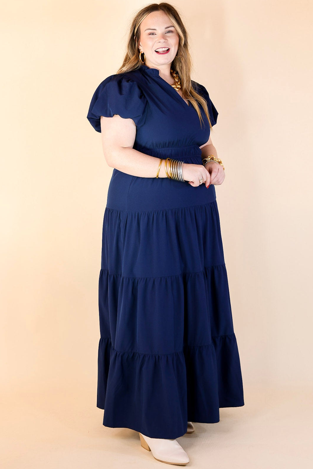Table for Two Tiered Maxi Dress with Puff Sleeves in Navy Blue