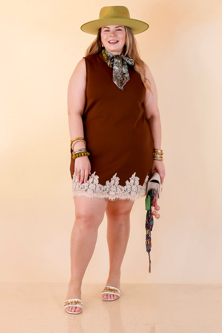 Just a Little Something Sleeveless Knit Mini Dress with Lace Trim in Chocolate Brown