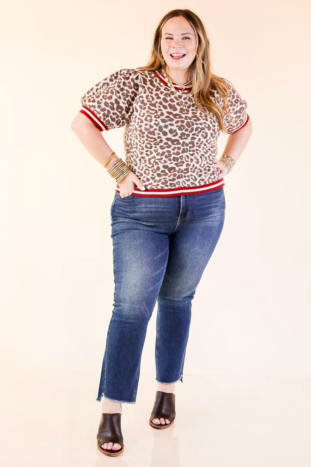 Feline Fine Leopard Print Short Sleeve Sweater with Contrast Trim in Maroon