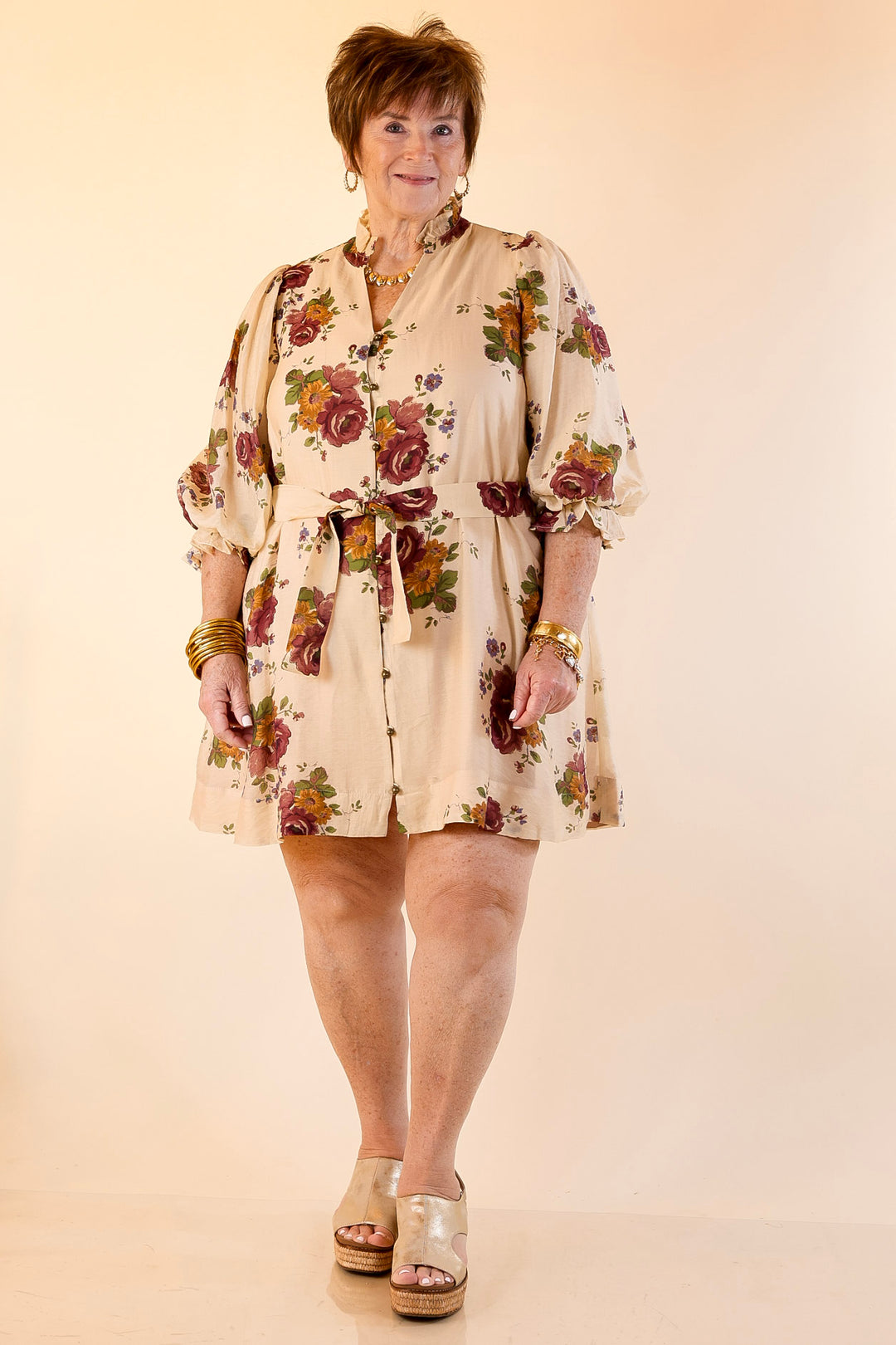 Garden Stroll Floral Dress with A-Line Skirt and and Belt in Vanilla Cream