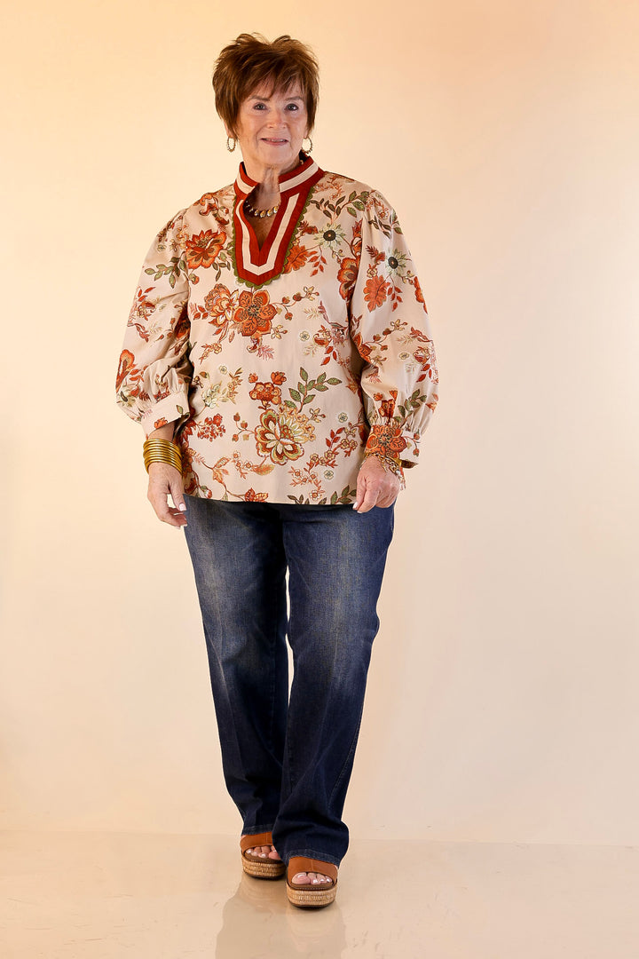 Autumn Allure Floral Long Sleeve Top with Contrast Trim in Rust Orange