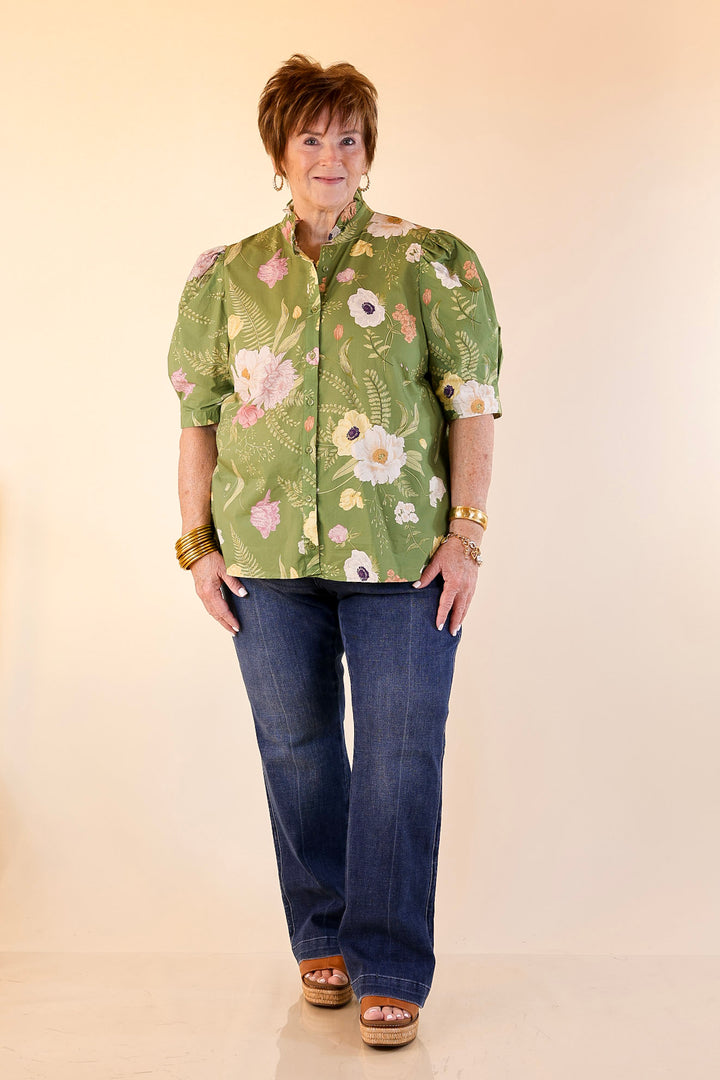 First Glance Button Up Puff Sleeve Floral Print Top in Olive Green