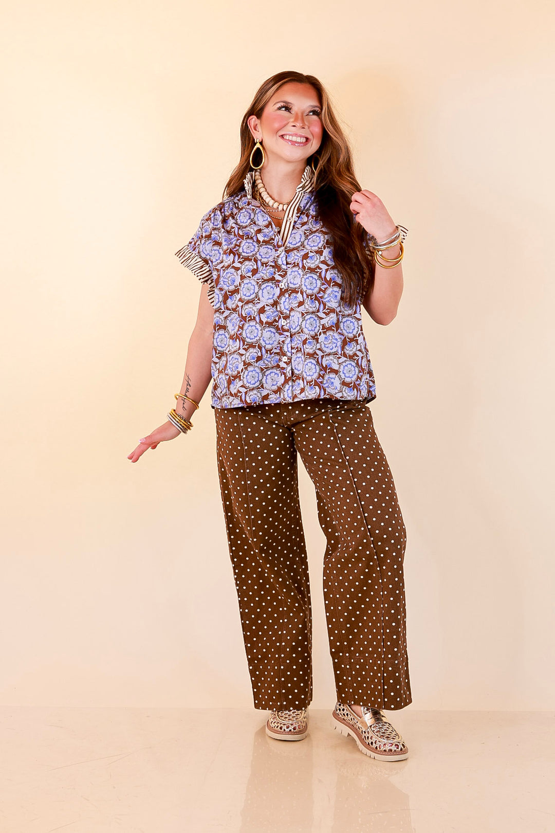 Effortless Grace Floral Print Flutter Stripe Sleeve and Ruffle Collar Detailing Blouse in Brown and Periwinkle Blue