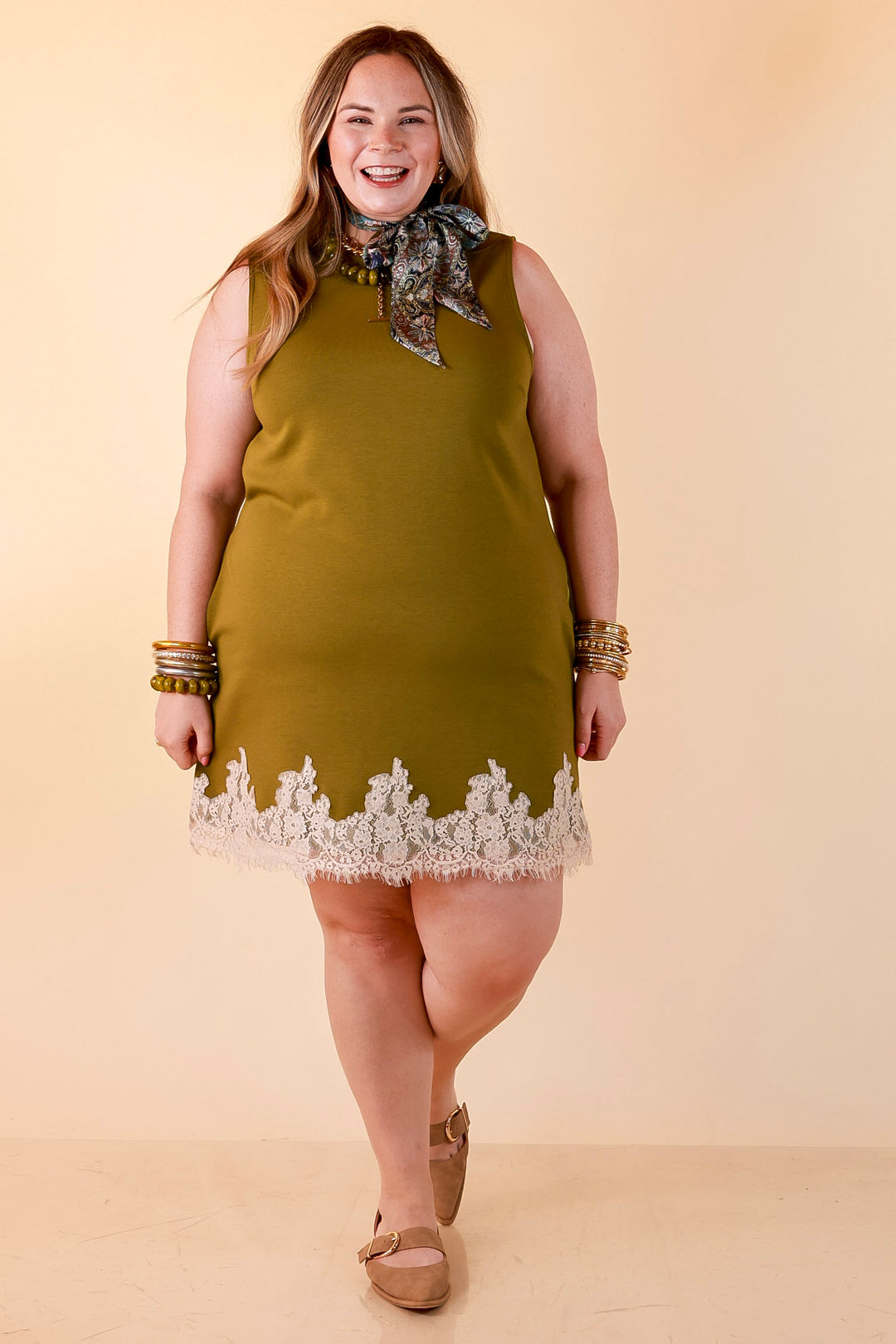 Just a Little Something Sleeveless Knit Mini Dress with Lace Trim in Chartreuse Olive Green
