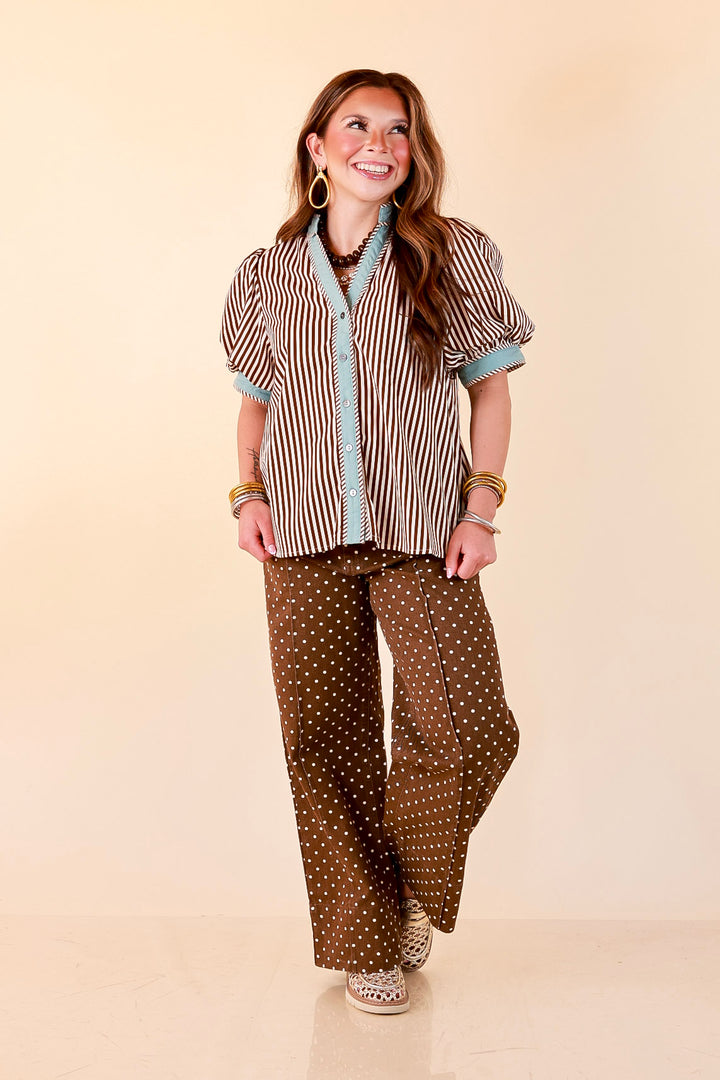 Pop of Polish Short Puff Sleeve Button Front Top with Contrast Trim in White, Chocolate Brown and Blue