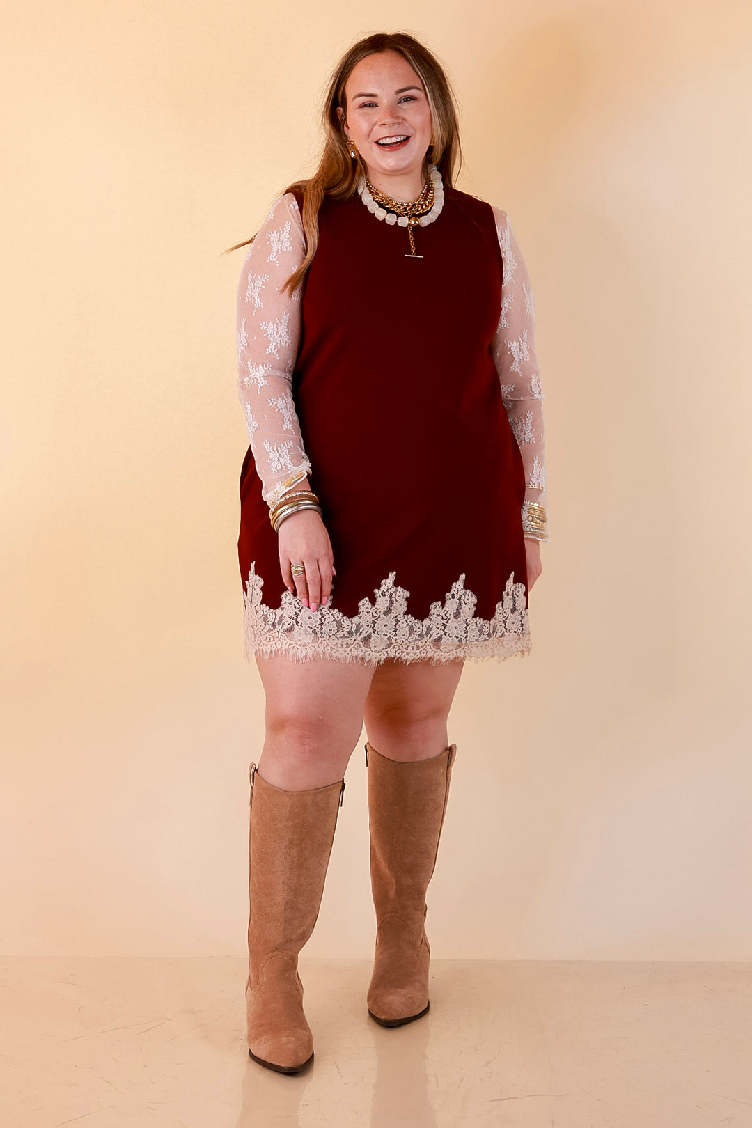 Just a Little Something Sleeveless Knit Mini Dress with Lace Trim in Maroon