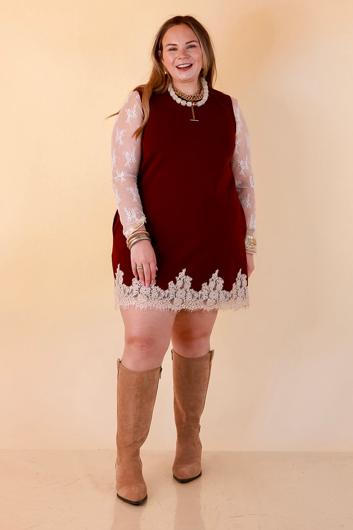 Just a Little Something Sleeveless Knit Mini Dress with Lace Trim in Maroon
