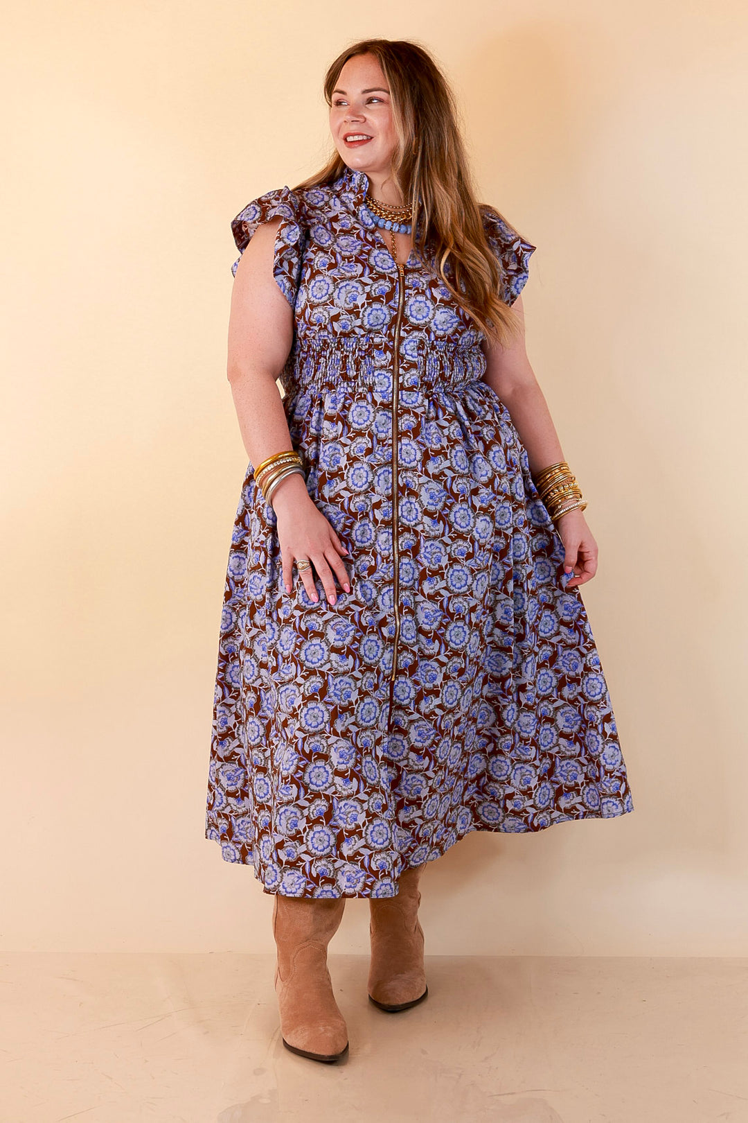 Modern Grace Zip Front Midi Floral Print Dress with Smocked Waist and Short Flutter Sleeves in Brown and Periwinkle Blue