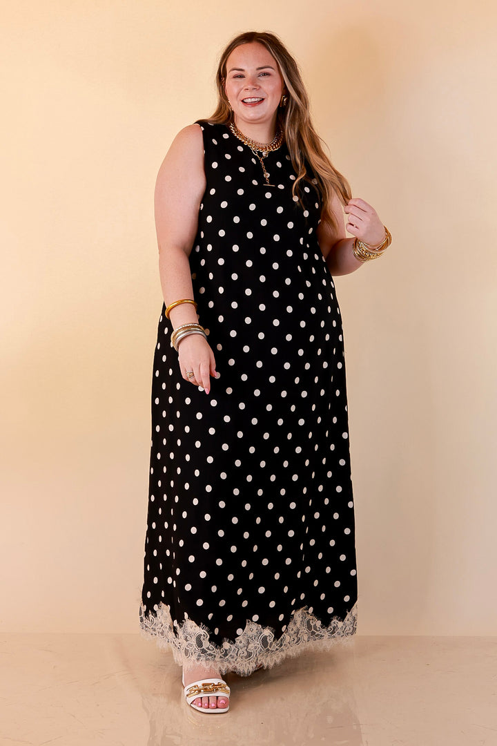 Sweet Little Something Polka Dot Sleeveless Maxi Dress with Lace Trim in Black