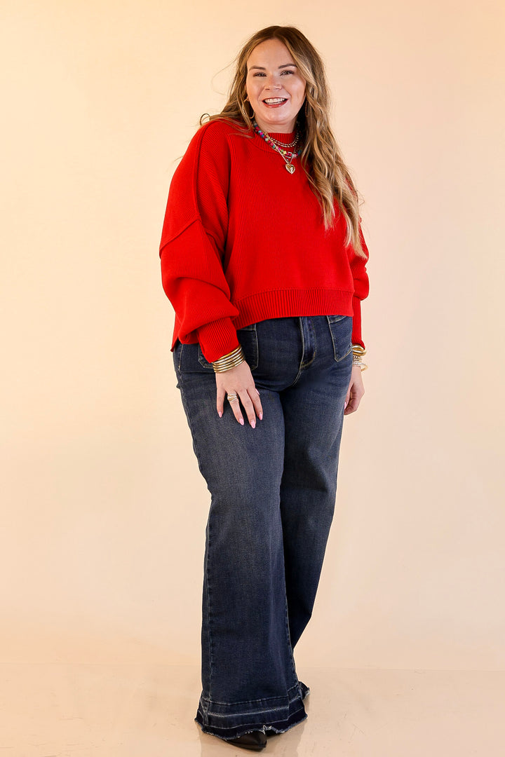 Fireside Fit Cropped Long Sleeve Mock Neck Sweater in Red