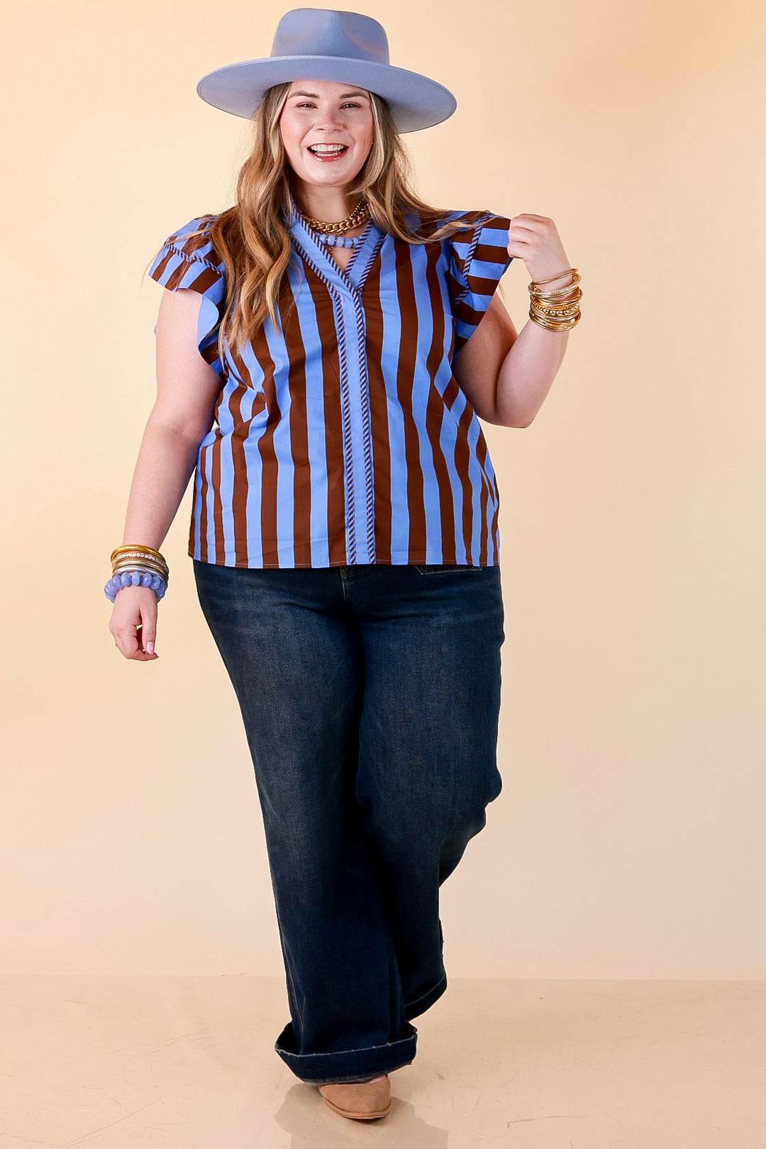Simply Refined Striped Short Ruffle Sleeve Split Neck Stripe Top in Periwinkle Blue and Chocolate Brown