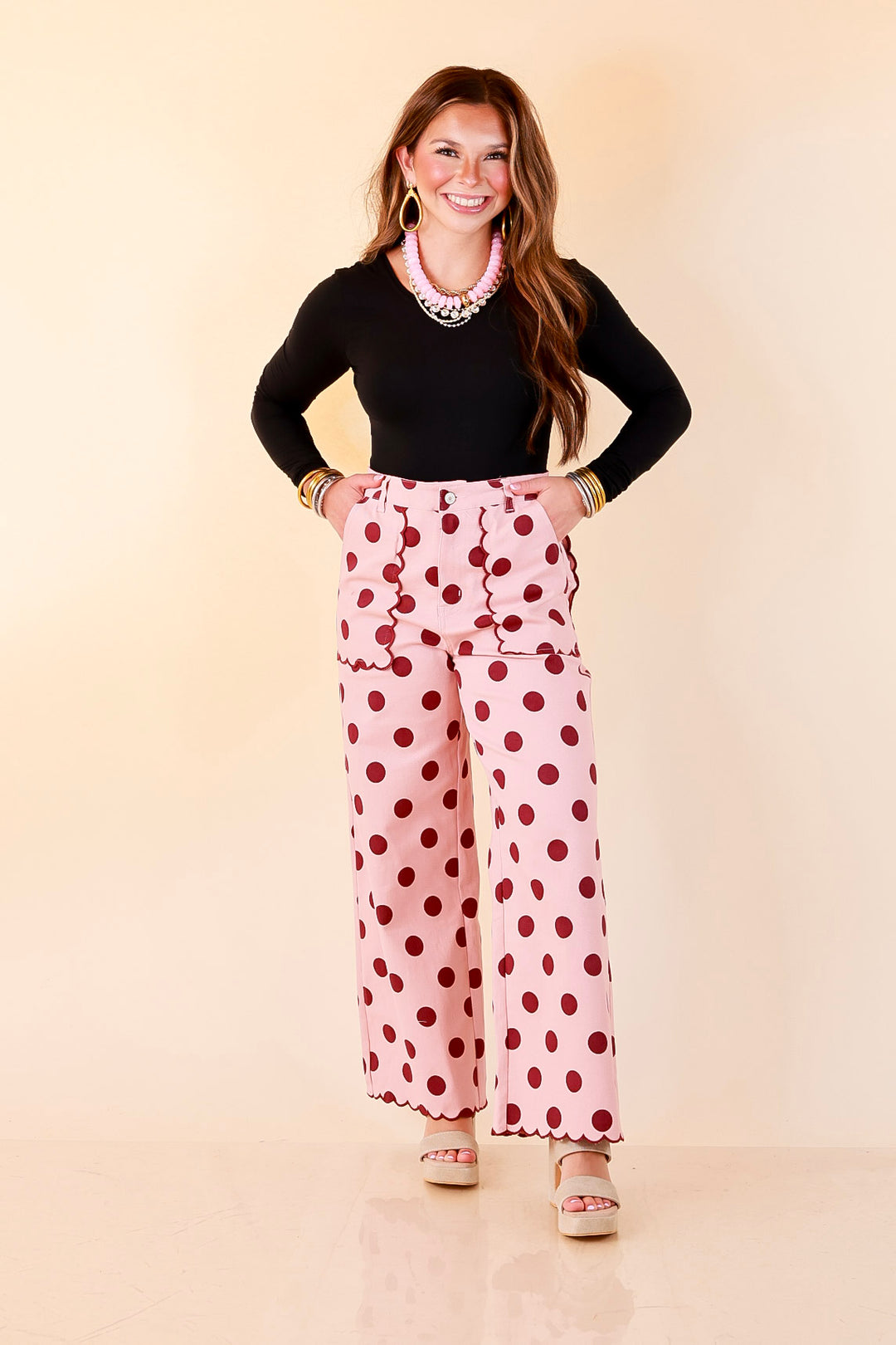 Polished Play Polka Dot Print Wide Leg Denim Pants with Scallop Detailing in Blush Pink and Maroon