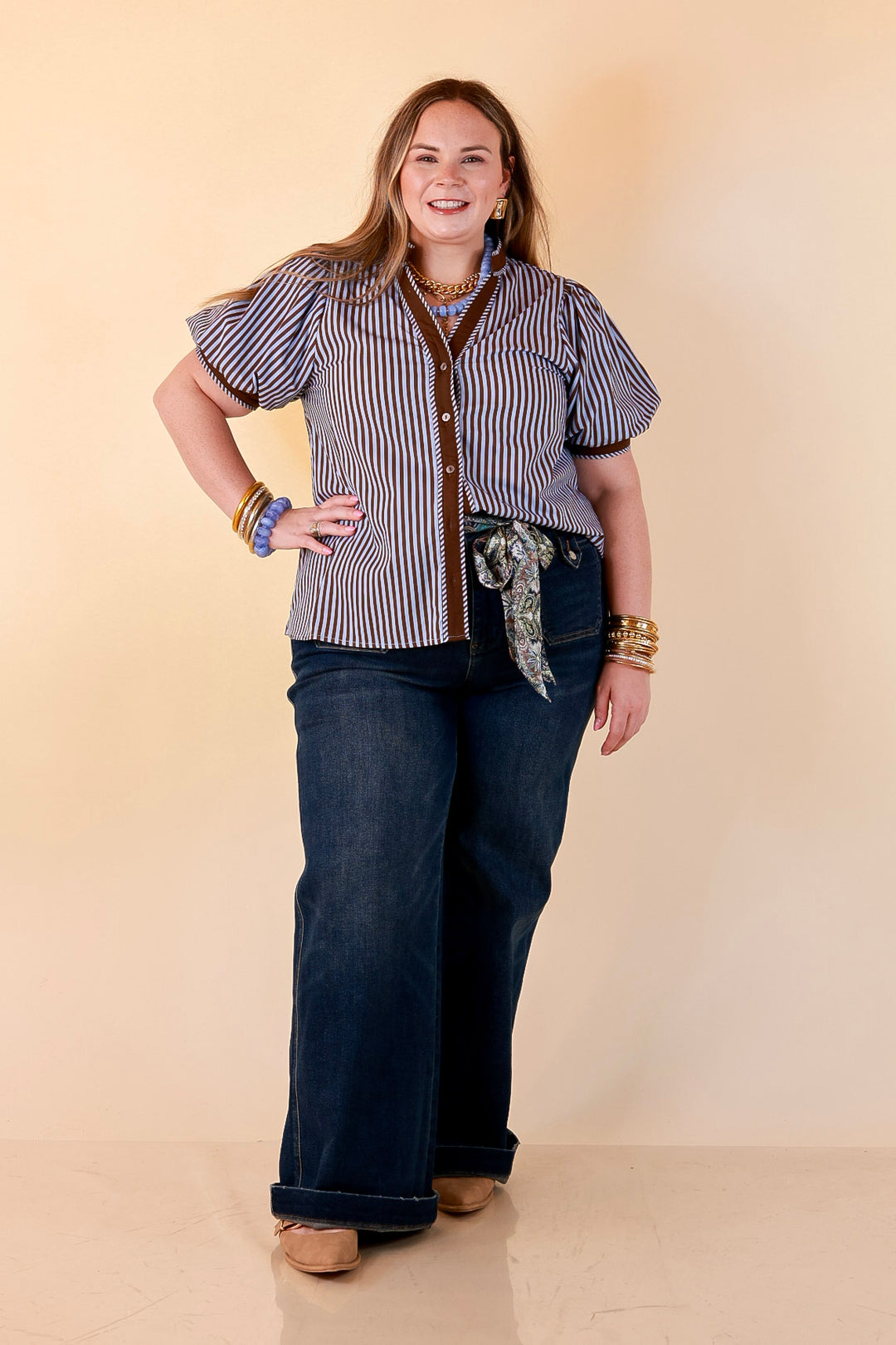 Pop of Polish Short Puff Sleeve Button Front Top with Contrast Trim in Blue and Brown