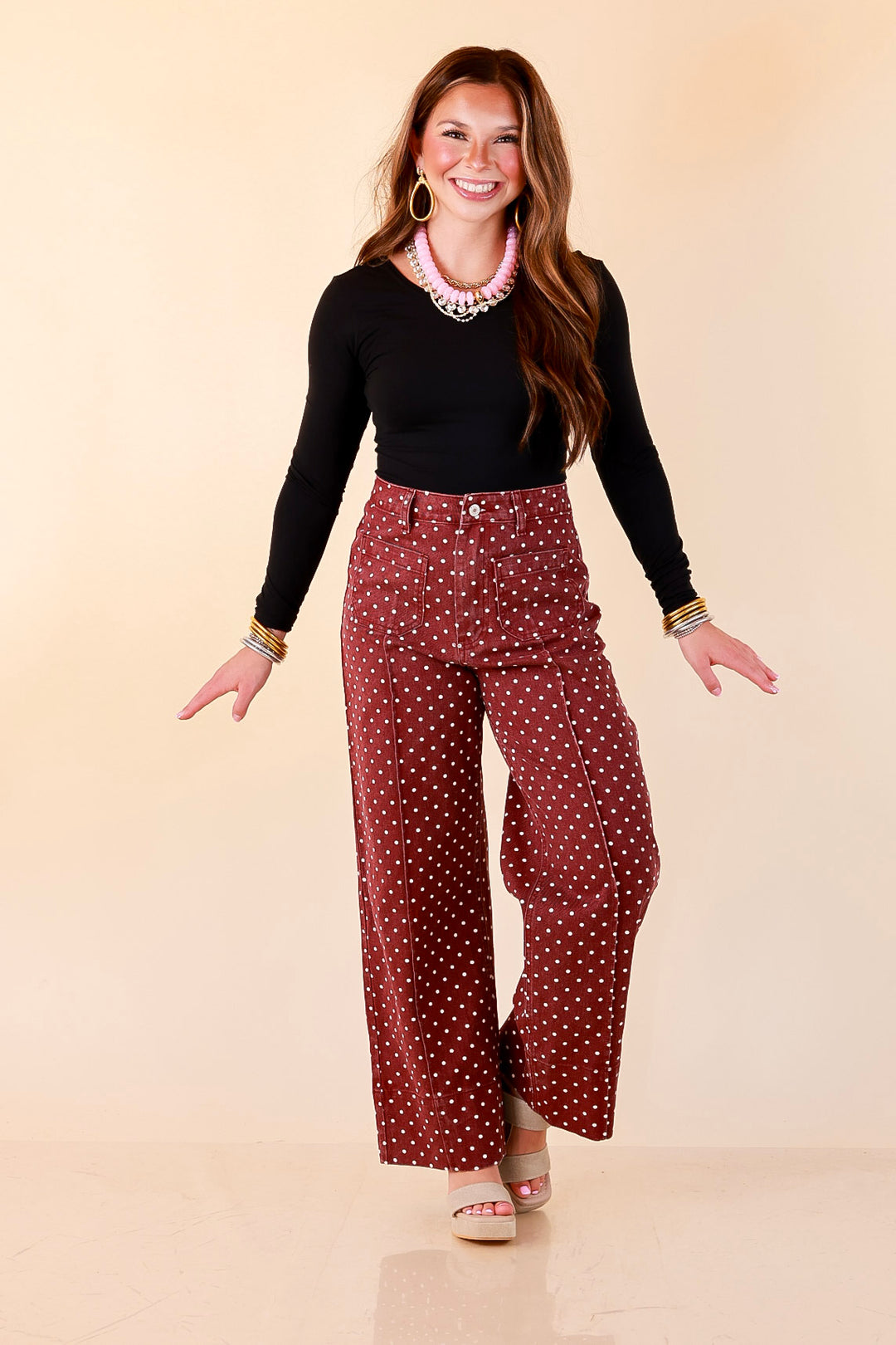 Rosy Outlook Polka Dot Print Wide Leg Denim Pants with Front Seam and Pockets in Maroon